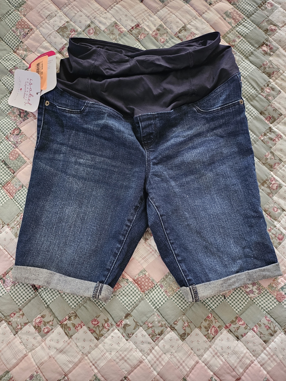 Isabel Maternity Bermuda Shorts- Crossover Panel Dark Wash - Size 6 - Picture 1 of 9